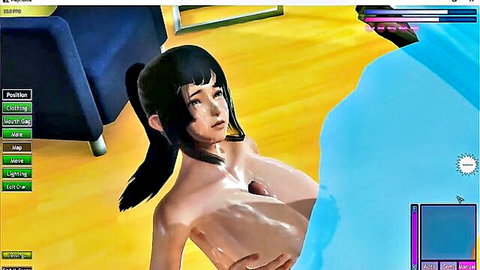 Naked Asian woman with huge breasts and black ponytail posing nude in Playhome adult game