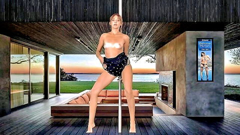 Tina topless slim model posing by stripper pole in frilly black shorts
