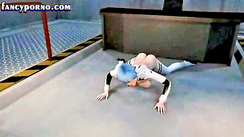 Animated blue-haired vixen in tight bodysuit with massive tits, crawling seductively