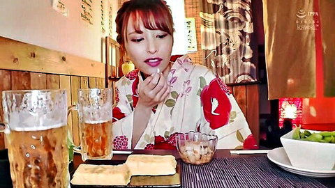 Mayuki Ito in floral yukata enjoying beer and dinner in JAV tease