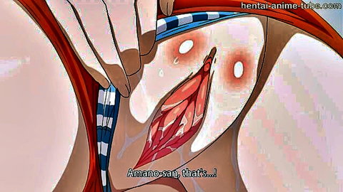 Hentai girl spreads her wet pink pussy lips wide with fingers pulling aside striped panties