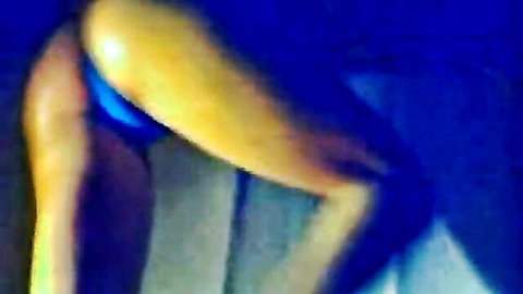 Keyra's curvy tan ass in blue thong, bent over tease