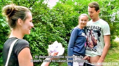 Czech couple and blonde friend exchange money in outdoor amateur encounter