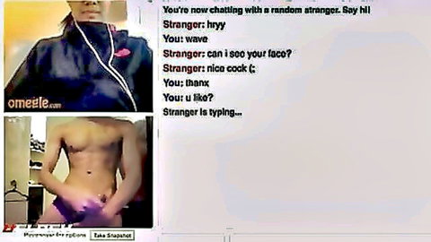 Muscular Asian guy flashes hard erect cock on Omegle webcam during stranger chat