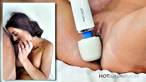 Brunette MILF's wet shaved pussy vibrated by white Hitachi Magic Wand toy close-up