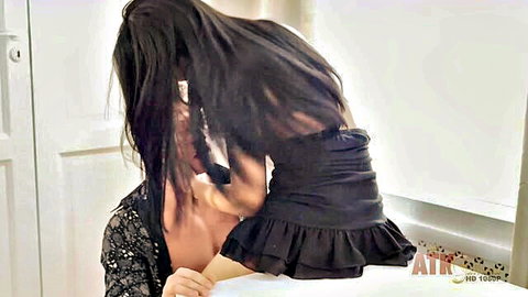 Kristall Rush in sexy black lingerie, bending over for intense anal play