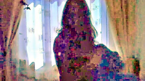 Amateur brunette silhouette standing from behind by window curtains teasing