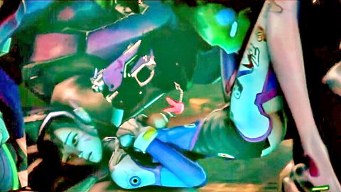 3D CGI Overwatch D.Va naked teen with big tits groped by blue mech arms in neon glow