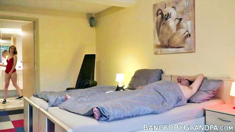 Lina Roselina in red bikini approaches grandpa on bed for pounding