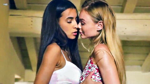 Vanessa Alessia and Nancy A in intimate lesbian kiss, slim brunettes and blondes