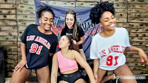 Brazilian babes in sports jerseys posing playfully for lesbian humiliation