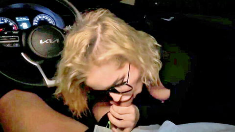 Blonde amateur babe giving blowjob in car for extra cash