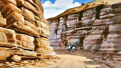 Anime hentai game scene: romantic couple on horseback in epic canyon adventure