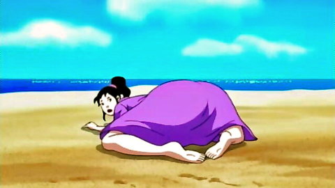 Anime girl in purple dress on beach, ass up pose in hentai parody episode