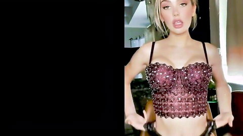 Olivia Mae in purple beaded lingerie, seductive pose and striptease tease