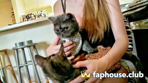 Hot redhead teen with big boobs cuddling cats in sexy outfit