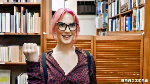Siri Dahl in leopard shirt, pink hair, glasses, teasing in library threesome