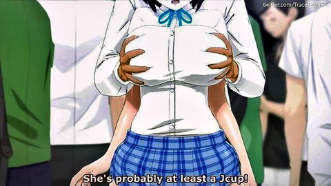Anime schoolgirl with massive J-cup breasts grabbed by gloved hands from behind in uniform