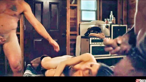 Muscular ebony stud rams huge black cock into young Asian babe's tight pussy in rough kitchen fuck