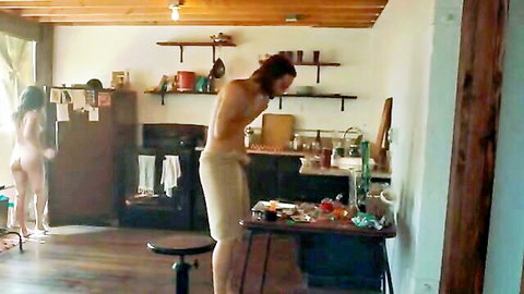 Amanda Cerny in naughty kitchen threesome with nude women bending over