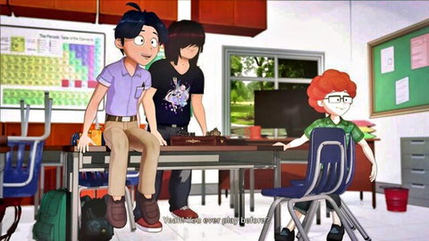 Anime teen boys with blue black and red hair playing board game in classroom hentai episode