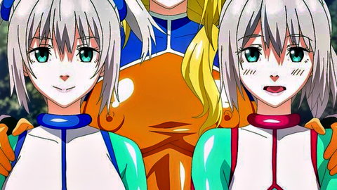 Inshoku Ou Demar and twin silver-haired hentai girls in tight bodysuits