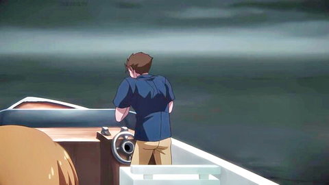 Anime man steering boat in hentai scene from Rakuen Shinshoku: Island of the Dead Ep.2