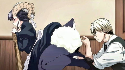 Anime monster girl maid with ram horns groped by white-haired man from behind
