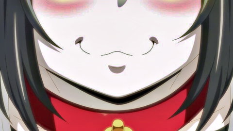 Blushing anime monster girl with glowing red eyes and red collar in hentai game thumbnail