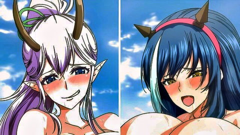 Busty oni harem girls with horns exposing huge tits in monster hentai