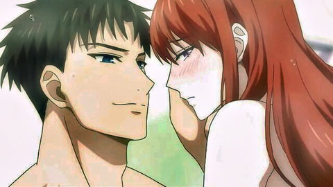 Anime hentai couple intimate close-up, red-haired girl blushing with black-haired guy from Osananajimi wa Shouboushi