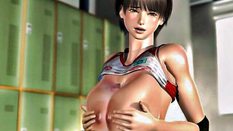 Busty Asian hentai athlete exposing huge breasts in torn sports jersey