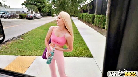 Anna Kovachenko in tight pink yoga pants teasing outdoors by car