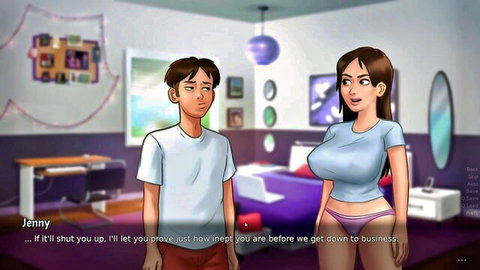 Busty anime stepsister Jenny with massive tits in tight blue top and pink panties teases young stepbrother in bedroom