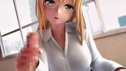 Blonde anime teacher with glasses gets big tits groped by pixelated hand over white blouse
