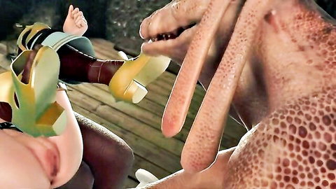 3D scaly monster double cocks thrust at busty fantasy babe's exposed pussy and ass