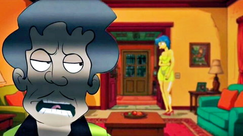Simpsons parody cuckold scene: shocked husband watches blue-haired MILF in yellow dress