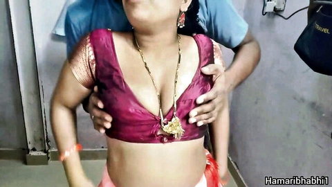 Indian Desi Bhabhi in low-cut purple blouse groped intimately
