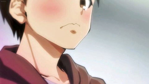 Blushing anime boy in red jacket from Mako-chan hentai game