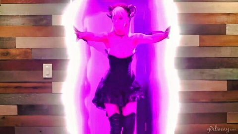 Pink-haired devil girl in black corset and stockings emerges from portal, teasing Ella and Jade threesome