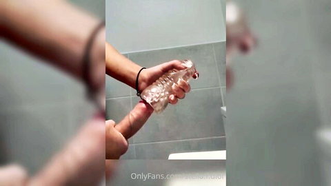 Stella Francis strokes massive shemale cock with water bottle close-up