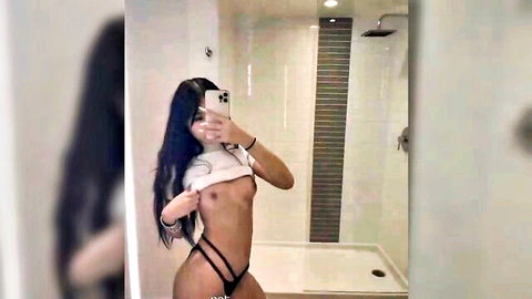 Asian babe Emma LVX topless tease in mirror selfie, exposing perky tits