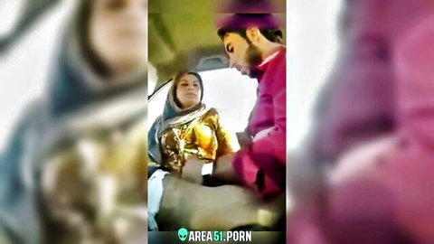 Hijab-clad Pakistani beauty seduces bearded guy in steamy car closeup