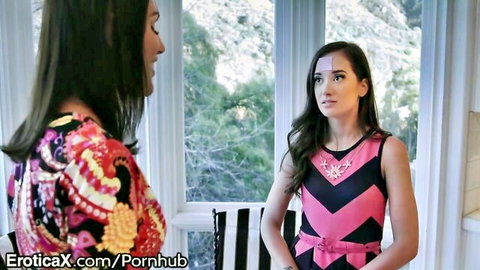 August Ames chats with bi-curious classmate in dresses before hot scissors erotica
