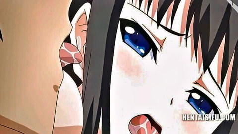 Aroused anime girl with black hair and blue eyes in ear licking hentai close-up