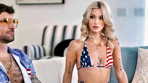 Blonde in American flag bikini seduces roommate on couch, NubileFilms