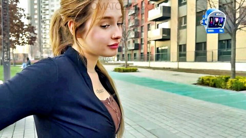 Blonde babe in jacket teases outdoors, huge dick action preview