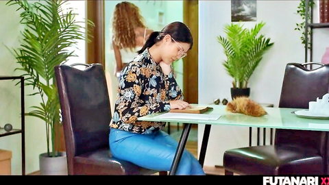 Asian woman in glasses reading book with curly-haired friend in background, futanari style