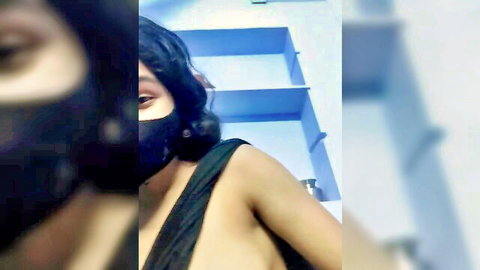 Khadija37 masked in black off-shoulder dress, teasing cam show