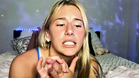 Stacyluvv blonde cutie moaning in blue tank top on bed, amateur tease